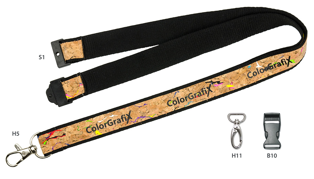 Lanyard with cork ribbon stitched on